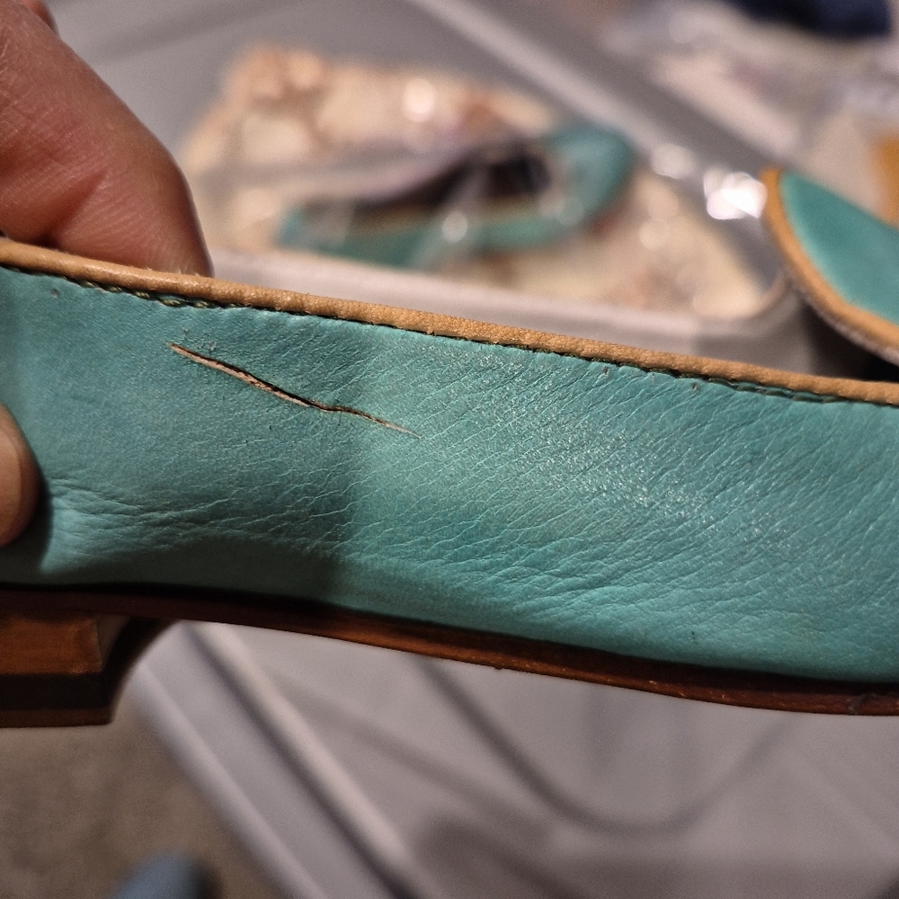 Italian Turquoise Leather Smoking Flats EU 37 Artisan Loafers Coastal Chic - Picture 13 of 13